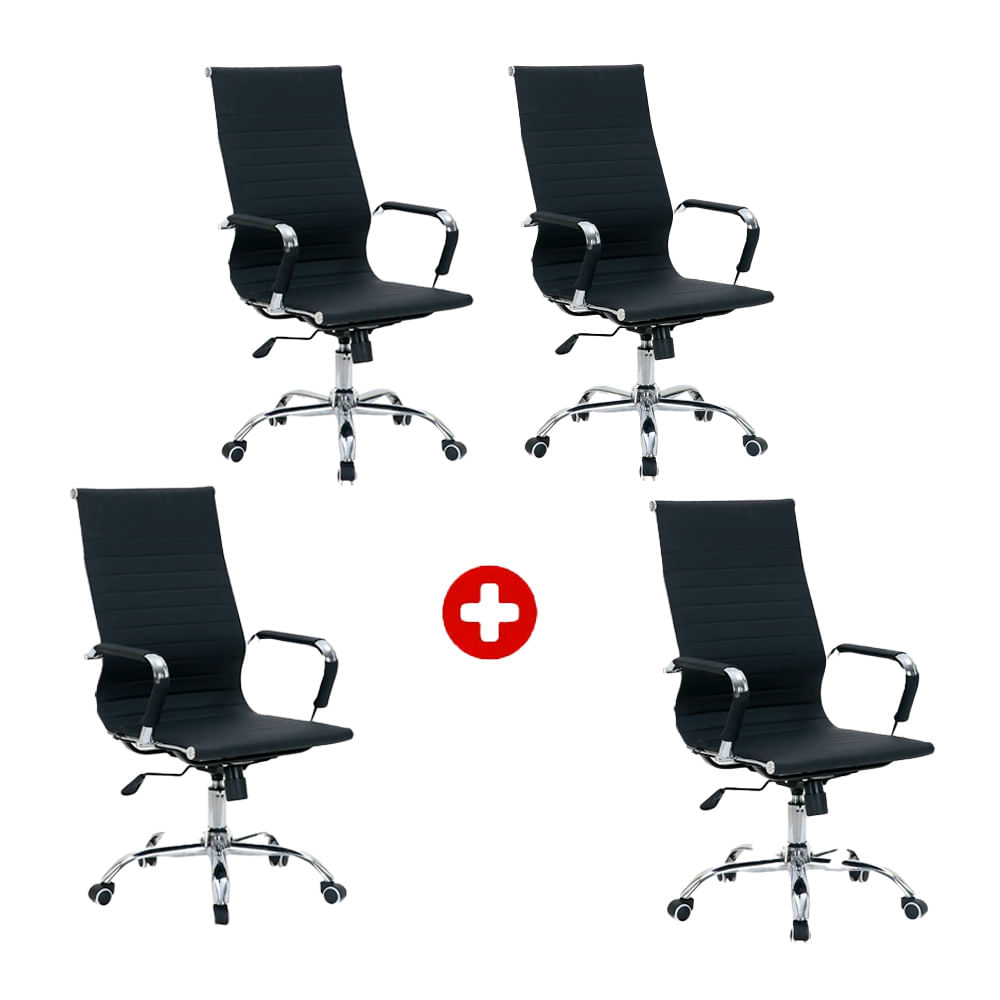 Combo: 4 Sillas de oficina ejecutiva Komsum Cannes, estructura metálica, sistema de balanceo, ruedas nylon, soporte 90kg, negro